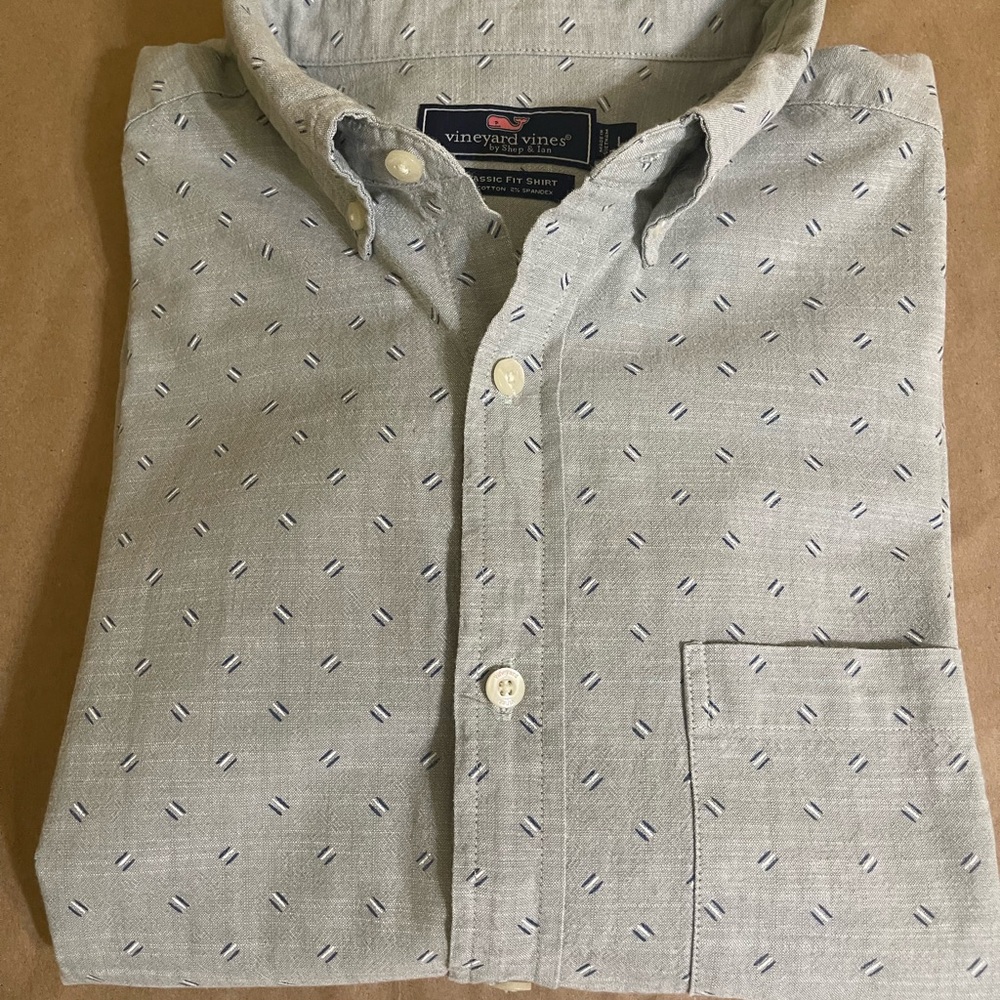 Vineyard Vines Men’s Green Geometric Short Sleeve Classic Fit Shirt | Large